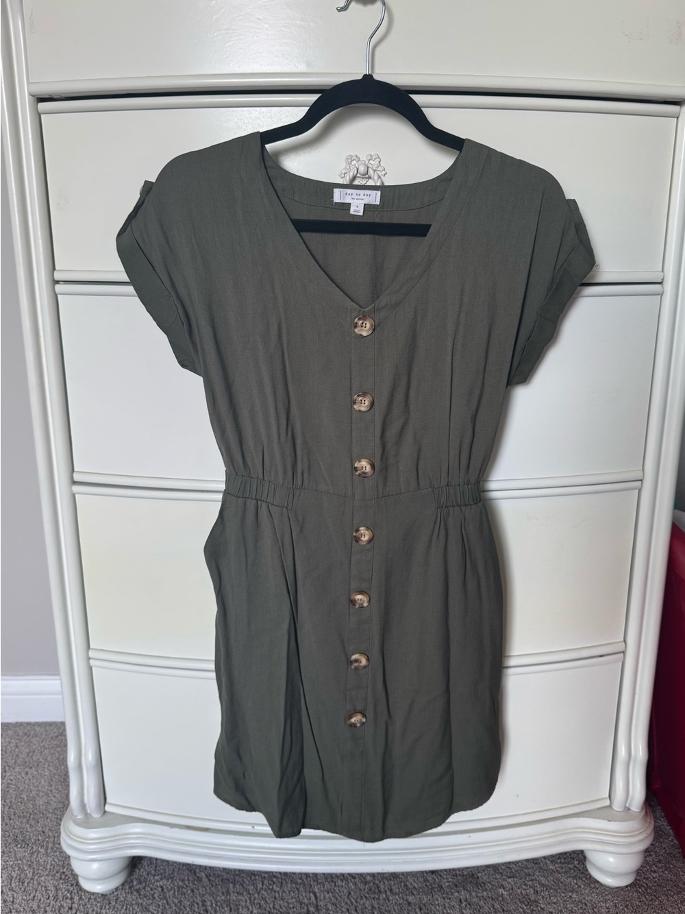 Blu Pepper Olive Green Button-Front V-Neck Dress